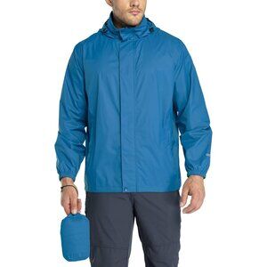 Men's Blue Nylon Rain Shell Hood Full Zip Packable Windbreaker Jacket